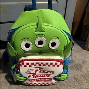 Loungefly Green Alien Backpack with Pizza Planet Design